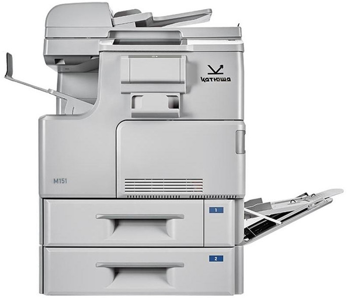 МФУ Катюша M151 принтер/копир/сканер, А3. 51 стр/мин Ч/Б печать А4, 600 dpi. CPU 1,5ГГц (2 ядра), 2,3 Гб RAM, 64Гб HDD, Ethernet, USB, Wi-Fi. PS3, PCL, PDF. ADF 100 листов. Тонер 24 000 отп.