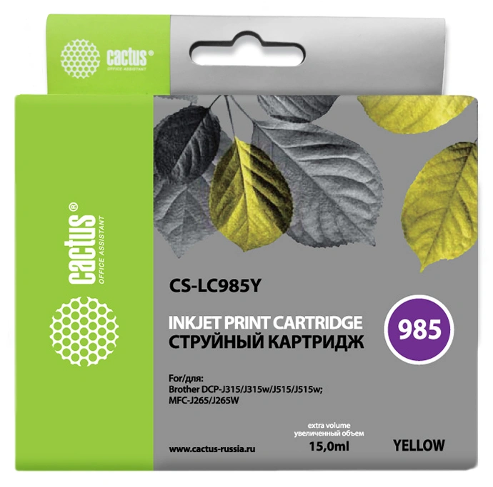 Картридж струйный Cactus CS-LC985Y желтый (15мл) для Brother DCPJ315W/DCPJ515W/MFCJ265W с чипом Картридж струйный Cactus CS-LC985Y желтый (15мл) для Brother DCPJ315W/DCPJ515W/MFCJ265W с чипом