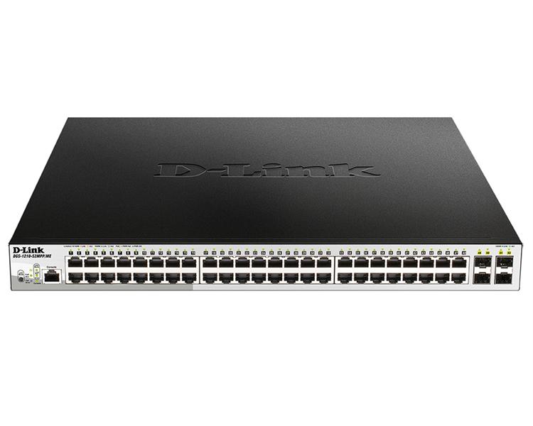 Коммутатор D-Link DGS-1210-52MPP/ME/B3A, PROJ L2 Managed Switch with 48 10/100/1000Base-T ports and 4 1000Base-X SFP ports  (48 PoE ports 802.3af/802.3at (30 W), PoE Budget 740 W).16K Mac address, 802.3x Flow C