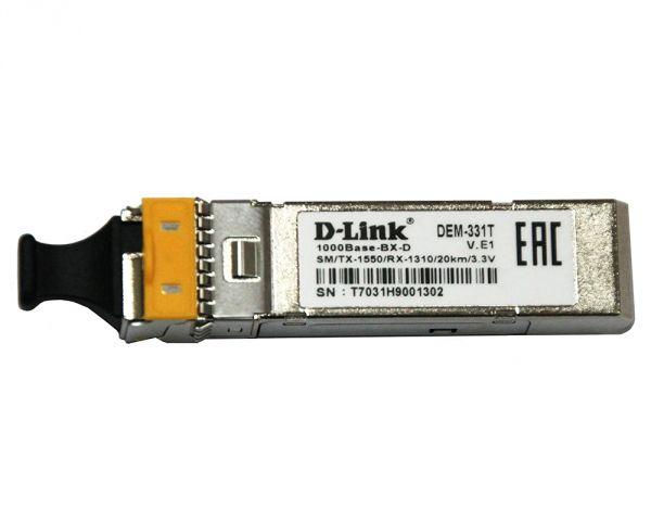 Модуль D-Link 331T/20KM/A1A, WDM SFP Transceiver with 1 1000Base-BX-D port.Up to 20km, single-mode Fiber, Simplex LC connector, Transmitting and Receiving wavelength: TX-1550nm, RX-1310nm, 3.3V power.
