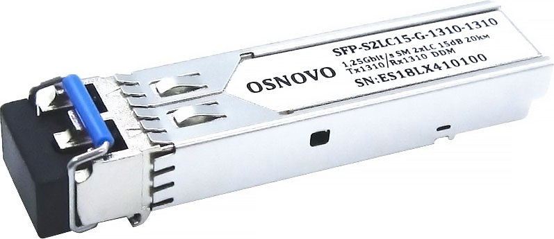 Oптический SFP модуль OSNOVO SFP-S2LC15-G-1310-1310 Оптический SFP Модуль. Два волокна Single Mode. Скорость: до 1,25 Гбит/c. Тип разъема: 2xLC. Оптический бюджет: 15дБ. Расстояние передачи - до 20км. Рабочая длина волны,н