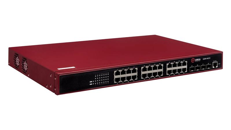  Qtech Управляемый коммутатор уровня L2+ с поддержкой PoE 802.3af/at, 24 порта 10/100/1000BASE-T PoE, 4 порта 100/1000BASE-X SFP, 4K VLAN, 8K MAC адресов, консольный порт, встроенный БП разъем питания