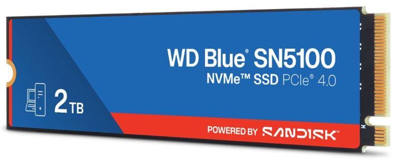 Твердотельный накопитель Western Digital Blue SN5100 SSD M2.2280 PCIe 4.0 2Tb, 7100MBs/6700MBs, TBW 900, WDS200T5B0E, 1 year