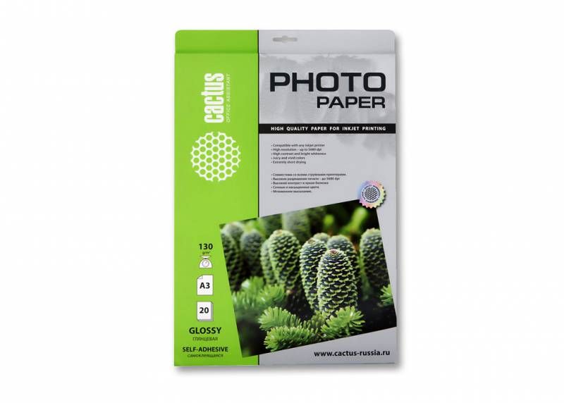 Фотобумага Cactus CS-GSA313020 A3/130г/м2/20л./белый глянцевое самоклей. для струйной печати Фотобумага Cactus CS-GSA313020 A3/130г/м2/20л./белый глянцевое самоклей. для струйной печати