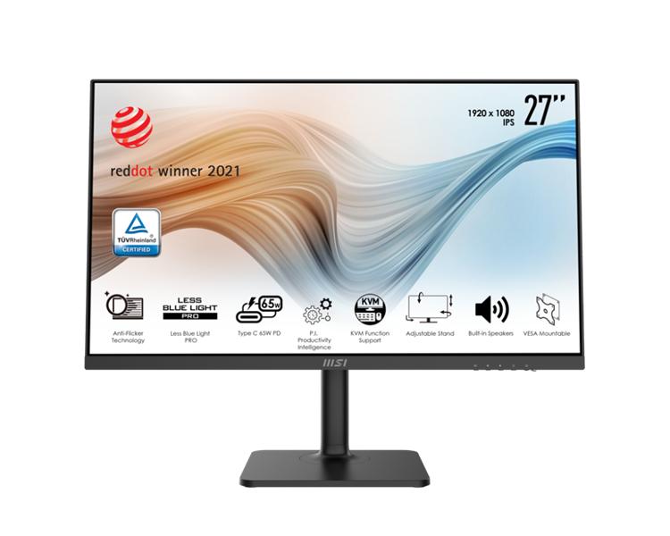 Монитор MSI Modern MD272P 27" 16:9 FHD(1920x1080)IPS, 5ms(GTG),1000:1,100M:1, 250nit,178/178,HDMI 2.0b,DP 1.2a,USB-C, 2xUSB 2.0 Type-A, USB 2.0 Type-B,Speaker,Tilt,Swivel,Height,Pivot,VESA,75Hz,Black,1y