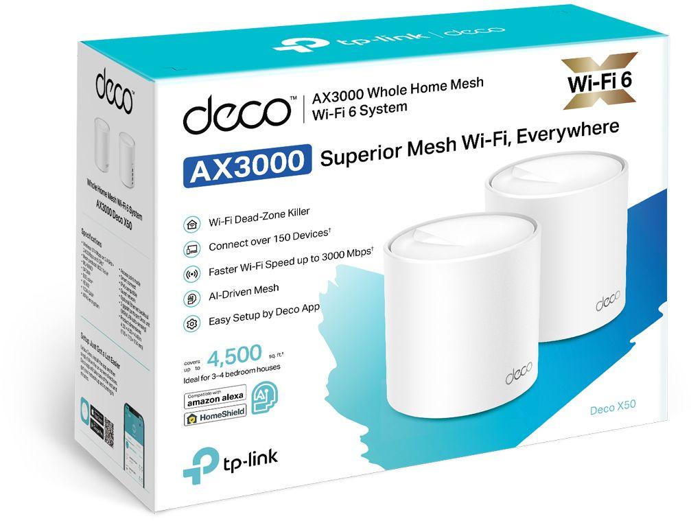  TP-Link Deco X50(2-pack), AX3000 Домашняя Mesh Wi-Fi 6 система, 2 устройства, до 574 Мбит/с на 2,4 ГГц + до 2402 Мбит/с на 5 ГГц, 2 встр. антенны, 3 гиг. порта (WAN/LAN)