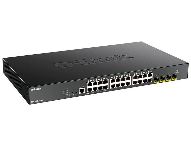 Коммутатор D-Link DGS-1250-28XMP/A1A, L2 Smart Switch with 24 10/100/1000Base-T ports and 4 10GBase-X SFP+ ports (24  PoE ports 802.3af/802.3at (30 W), PoE Budget 370W).16K Mac address, 802.3x Flow Control, 4K