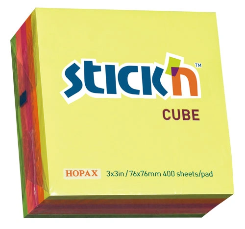 Блок самоклеящийся бумажный Stick`n 21012 76x76мм 400лист. 70г/м2 неон 5цв.в упак.