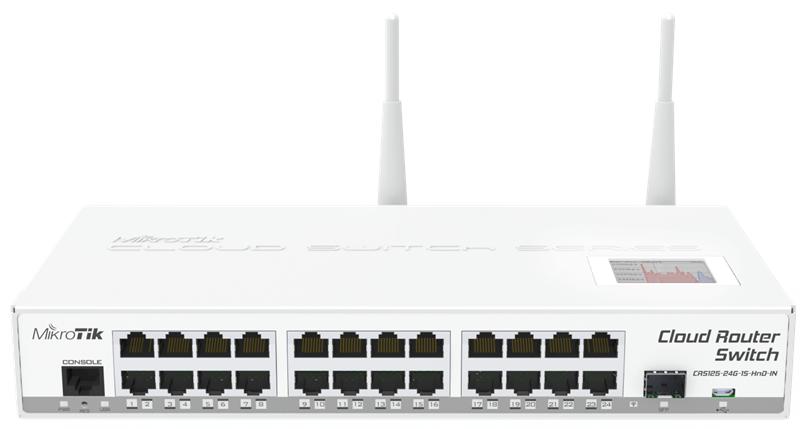 Коммутатор MikroTik Cloud Router Switch 125-24G-1S-IN with Atheros AR9344 CPU, 128MB RAM, 24xGigabit LAN, 1xSFP, RouterOS L5, LCD panel, 2.4Ghz 802.11b/g/n wireless, desktop case, PSU