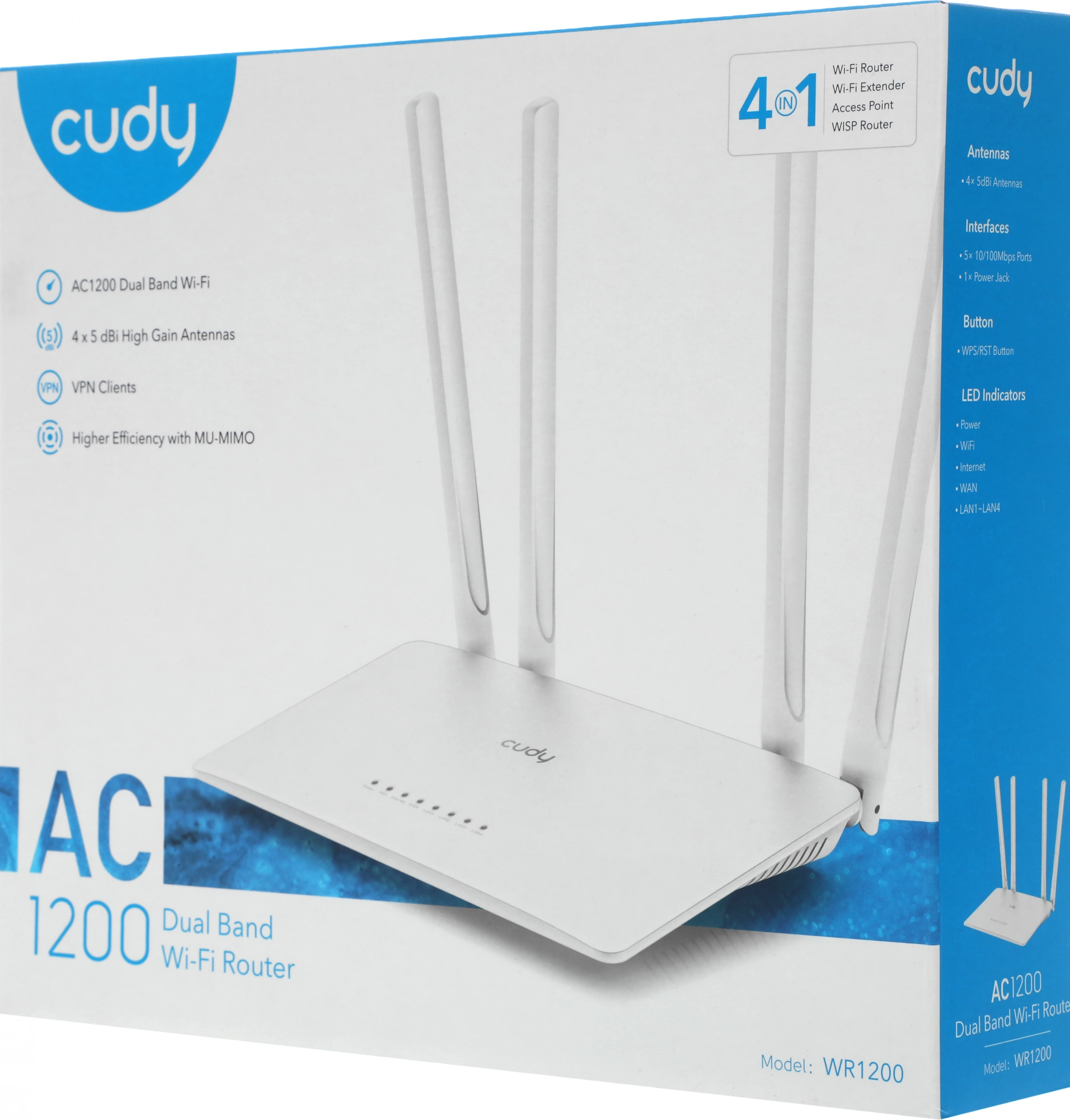 Маршрутизатор CUDY AC1200 Wi-Fi Router Dual Band, Chipset MediaTek, 802.11ac/a/b/g/n, 867Mbps at 5GHz + 300Mbps at 2.4GHz, 5 × 10/100Mbps Ports, WiFi router/AP/ Repeater/WISP Mode,4 5dBi fixed antennas, WPA3, Guest network, WPS, DDNS, VPN Client