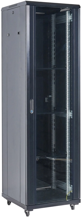 Шкаф коммутационный Rexant (04-4266-212) напольный 42U 600x600мм пер.дв.стекл металл 2 бок.пан. направл.под винты 800кг черный 80кг 230град. 2054мм IP20 сталь