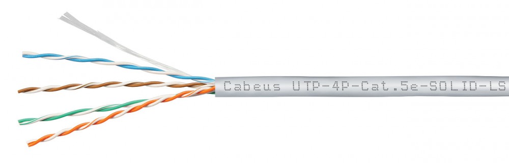  Cabeus UTP-4P-Cat.5e-SOLID-LSZH-GY Кабель витая пара UTP (U/UTP), категория 5e, 4 пары (24 AWG), одножильный, серый, LSZH, нг(А)-HF, (305 м)