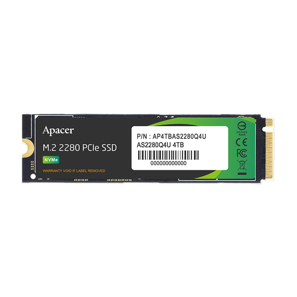 Твердотельный накопитель Apacer SSD AS2280Q4U 4TB M.2 2280 PCIe Gen4x4, R7400/W6800 Mb/s, 3D NAND, MTBF 1.6M, NVMe, 3000TBW, Retail, Heatsink, 5 years (AP4TBAS2280Q4U-1)