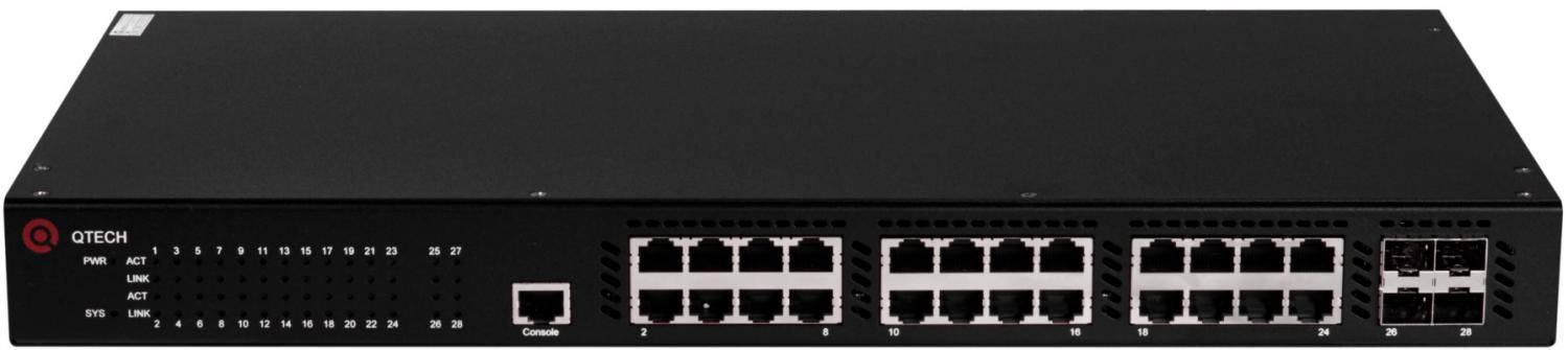  Qtech МПТ Управляемый коммутатор уровня L3 с поддержкой PoE 802.3af/at, 24 порта 10/100/1000BASE-T PoE, 4 порта 10GbE SFP+, 4K VLAN, 16K MAC адресов, консольный порт, встроенный БП разъем питания на з
