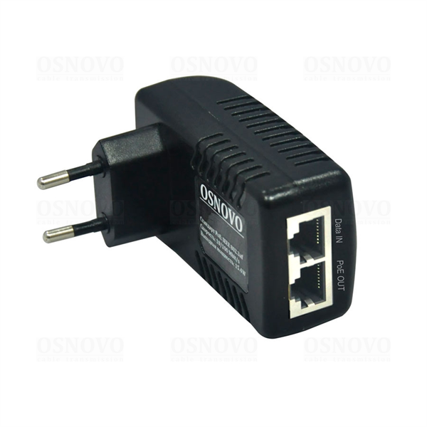 PoE-инжектор OSNOVO Midspan-1/151 PoE-инжектор Fast Ethernet на 1 порт. Соответствует стандартам PoE IEEE 802.3af. Автоматическое определение PoE устройств. Мощность PoE на порт - до 15.4W. Вх. 1 x RJ45