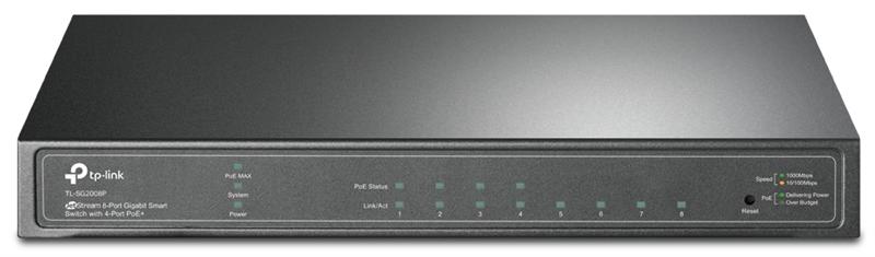  TP-Link JetStream™ 8-портовый гигабитный Smart коммутатор с 4 портами PoE+, 4 гигабитных порта PoE+, 802.3at/af, бюджет PoE — 62 Вт, стальной корпус