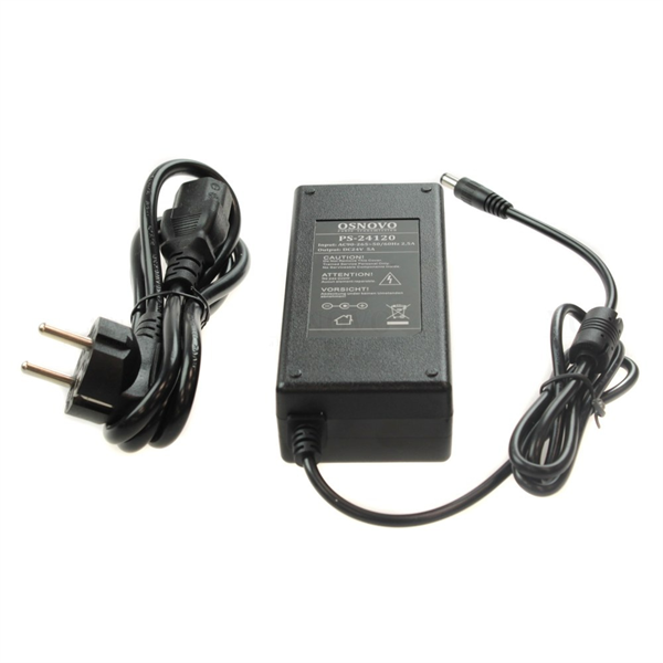 Блок питания (сетевой адаптер) OSNOVO PS-24120 Блок питания (сетевой адаптер) DC24V, 5A (120Вт макс.). Диапазон входных напряжений: AC90-264V. Штекер 2.1x5.5мм. Размеры (ШхВхГ): 60x35x140мм. Рабочая температура: 0...+55гр. С.