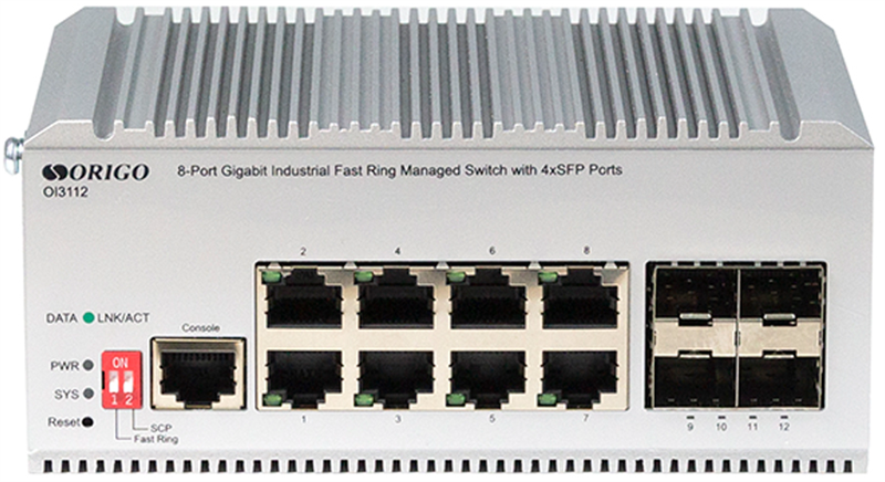 Коммутатор ORIGO Промышленный управляемый L2 коммутатор, 8x1000Base-T, 4x1000Base-X SFP, защита от статического электричества до 4 кВ, -40..75°C