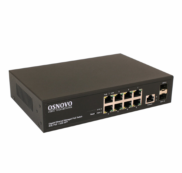 PoE Коммутатор OSNOVO SW-80802/L(150W) Управляемый L2 PoE коммутатор Gigabit Ethernet на 8 RJ45 PoE + 2 x GE SFP порта. Порты: 1 x GE (10/100/1000Base-T) с PoE PoE Коммутатор OSNOVO SW-80802/L(150W) Управляемый L2 PoE коммутатор Gigabit Ethernet на 8 RJ45 PoE + 2 x GE SFP порта. Порты: 1 x GE (10/100/1000Base-T) с PoE