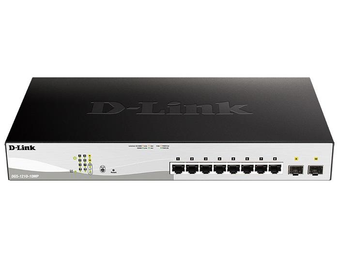 Коммутатор D-Link DGS-1210-10MP/F1A, PROJ L2 Smart Switch with  8 10/100/1000Base-T ports and 2 100/1000Base-X SFP ports (8 PoE ports 802.3af/802.3at (30 W), PoE Budget 130 W).8K Mac address, 802.3x Flow Contro