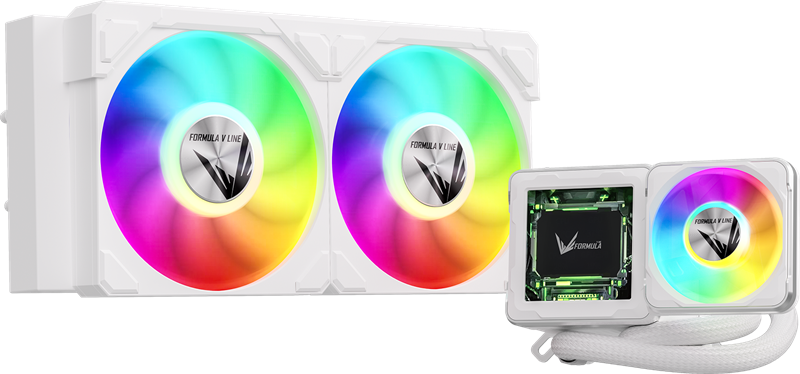 Система водяного охлаждения Formula V Line Cryo Wing Digi 240 WH, 240mm, LCD 2.73", 2x120mm, ARGB fans, LGA115X/1200/1700/1851/1366/2011/2066, AM3/AM4/AM5/Ryzen3/Ryzen5/Ryzen7/Threadripper/RT4 Система водяного охлаждения Formula V Line Cryo Wing Digi 240 WH, 240mm, LCD 2.73", 2x120mm, ARGB fans, LGA115X/1200/1700/1851/1366/2011/2066, AM3/AM4/AM5/Ryzen3/Ryzen5/Ryzen7/Threadripper/RT4