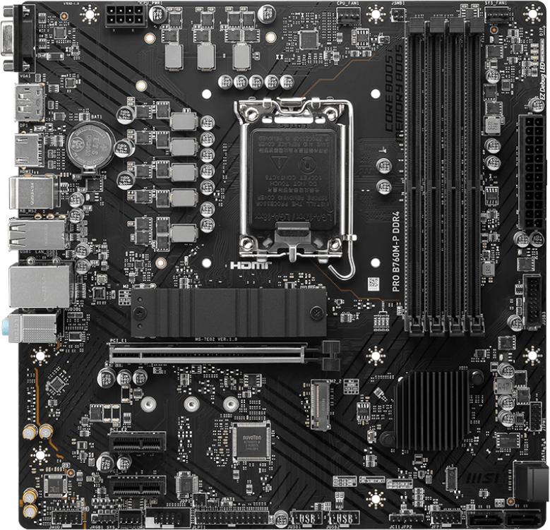 Материнская плата MSI PRO B760M-P DDR5 Socket1700, Intel B760, 4xDDR5, PCI-Ex16, 4SATA3, 7.1-ch, GLAN, 3 USB 3.2, 1 USB Type-C, VGA, HDMI, DP, mATX, RTL