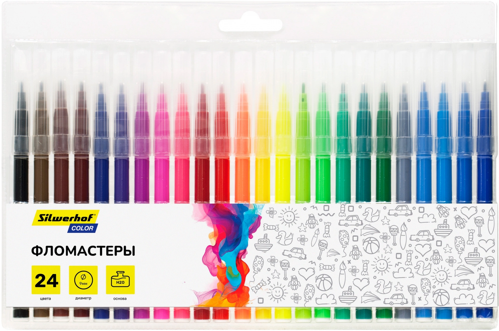 Фломастеры Silwerhof Color 9мм 145мм круг. пулевидный пиш. наконечник Вентилируемый 24цв. пакет с европодвесом