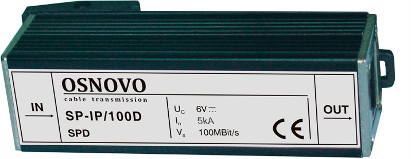 Устройство грозозащиты OSNOVO SP-IP/100D Устройство грозозащиты для локальной вычислительной сети (скорость до 100 Мб/с). Двухступенчатая защита. Максимальное длительное рабочее напряжение (Uс) DC6V. Номинальный ток разряда