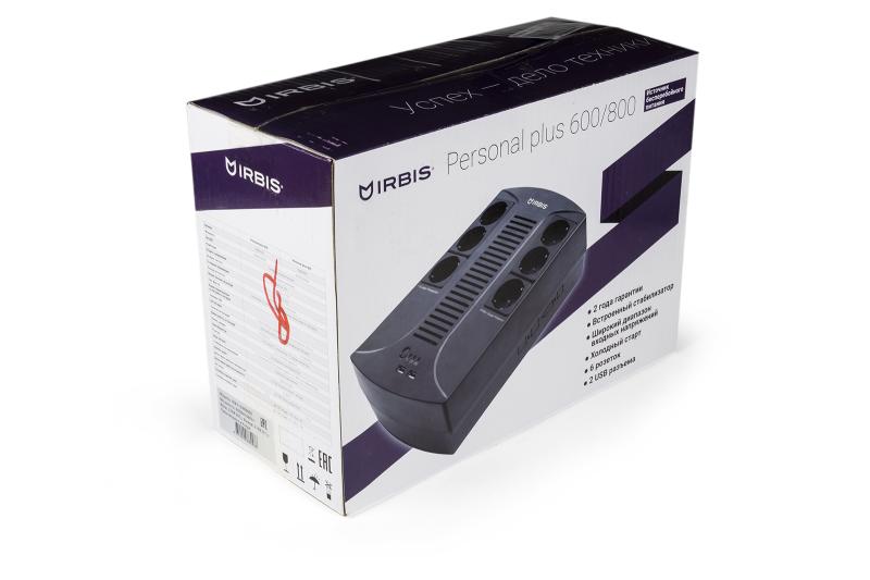 Источник бесперебойного питания IRBIS UPS Personal plus  600VA/360W, Line-Interactive, AVR, 6xSchuko outlets(3 Surge & 3 batt.), 2 USB charger, 2 year warranty