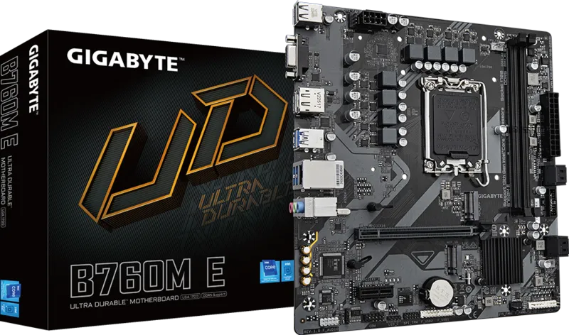 Материнская плата GIGABYTE B760M E, LGA1700, B760, 2*DDR5, 4*SATA, 2*M.2, 4*USB 3.2, 2*USB 2.0, 1*PCIx16, 1*PCIx1, HDMI+DP, mATX Материнская плата GIGABYTE B760M E, LGA1700, B760, 2*DDR5, 4*SATA, 2*M.2, 4*USB 3.2, 2*USB 2.0, 1*PCIx16, 1*PCIx1, HDMI+DP, mATX