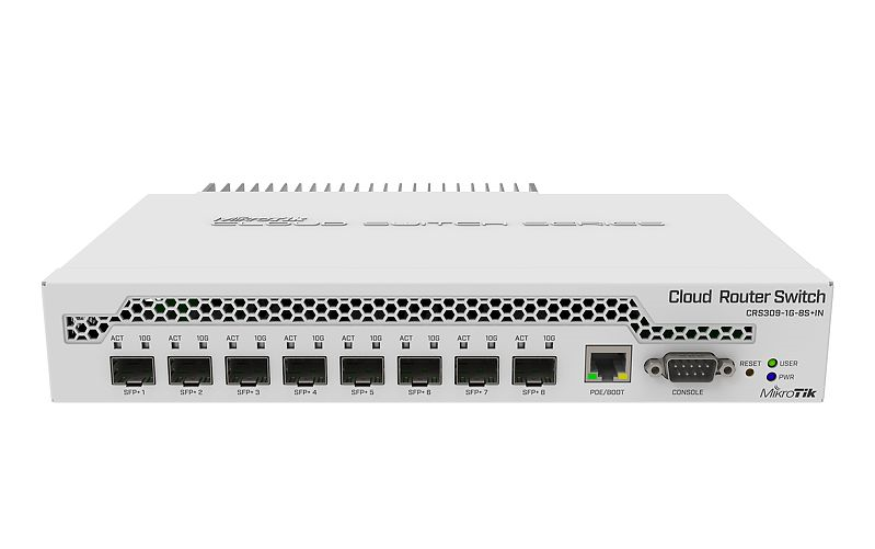 Маршрутизатор MikroTik Cloud Router Switch 309-1G-8S+IN with Dual core 800MHz CPU, 512MB RAM, 1xGigabit LAN, 8 x SFP+ cages, RouterOS L5 or SwitchOS (dual boot), passive desktop case, rackmount ears, PSU