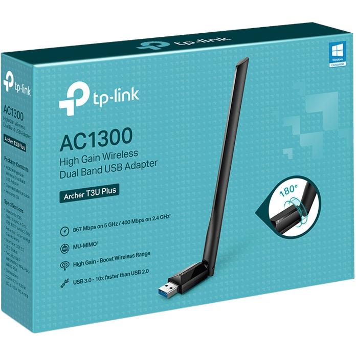  TP-Link Archer T3U Plus, AC1300 Двухдиапазонный Wi Fi USB адаптер высокого усиления, до 400 Мбит/с на 2,4 ГГц + до 867 Мбит/с на 5 ГГц, 1 внешняя антенна, USB 3.0
