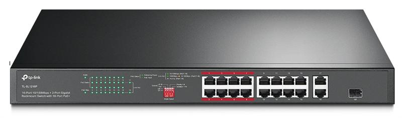  TP-Link 16-портовый 10/100Мбит PoE+ коммутатор, 16 портов RJ45 10/100 Мбит/с + 1 гигабитный RJ45 порт + 1 гигабитный комбинированный RJ45/SFP-слот, бюджет до 150 Ватт, 250m