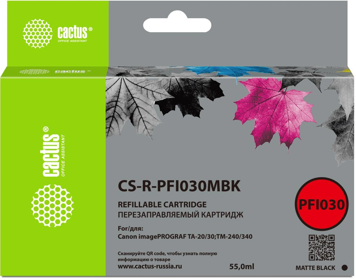 Картридж перезаправляемый струйный Cactus CS-R-PFI030MBK черный матовый (55мл) для Canon imagePrograf TA-20/30/TM-240/340 без чипа