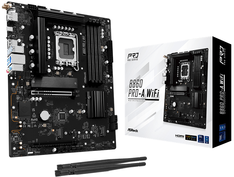 Материнская плата ASROCK B860 PRO-A WIFI, LGA1851, B860, 4*DDR5, 4*SATA, 4*M.2, 6*USB 3.2, 2*USB 2.0, Type-C, 2*PCIx16, 1*M.2 (Key E), HDMI+DP, ATX Материнская плата ASROCK B860 PRO-A WIFI, LGA1851, B860, 4*DDR5, 4*SATA, 4*M.2, 6*USB 3.2, 2*USB 2.0, Type-C, 2*PCIx16, 1*M.2 (Key E), HDMI+DP, ATX