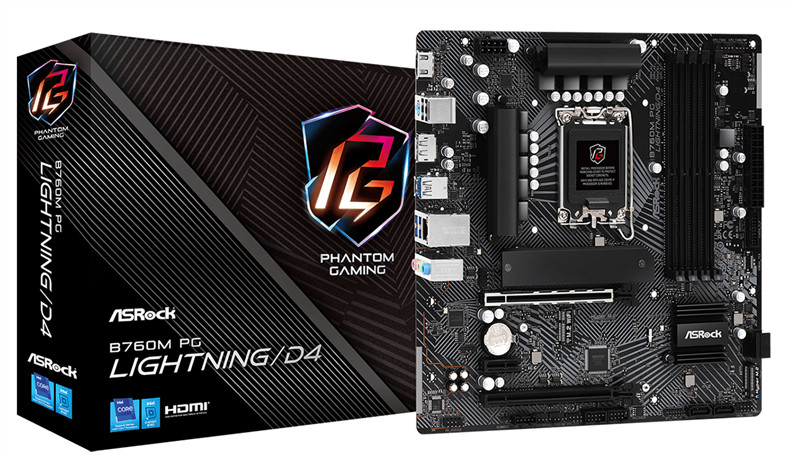 Материнская плата ASROCK B760M PG LIGHTNING/D4, LGA1700, B760, 4*DDR4, 4*SATA, 3*M.2, 3*USB 3.2, 2*USB 2.0, Type-C, 2*PCIx16, 1*M.2 (Key E), HDMI+DP, mATX