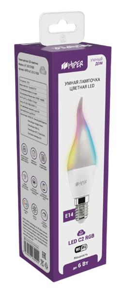  HIPER Smart LED bulb IoT LED C2 RGB/Умная LED лампочка/Wi-Fi/Е14/Candle CF37/Регулируемая яркость и цвет/6Вт/2700К-6500К/520 лм/IoT LED C2 RGB