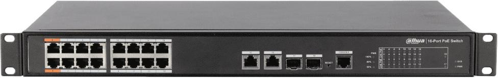 Сетевое оборудование DAHUA 16-портовый управляемый коммутатор с РоЕ, уровень L2Порты: 16 RJ45 10/100Мбит/с (PoE/PoE+/Hi-PoE), 2 комбинированных SFP/RJ45 10/100/1000Мбит/с (uplink); мощность PoE: порты 1~2 до 90Вт, порты