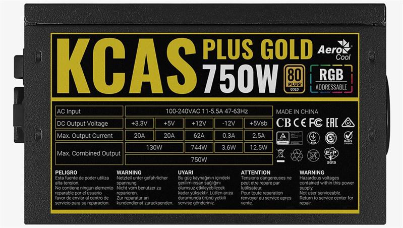 Блок питания Aerocool KCAS PLUS GOLD 750W <750W, ATX v2.4, APFC, Fan ARGB 12cm, 80+ Gold, Retail>