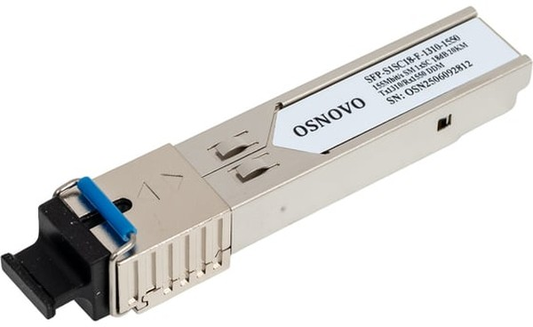 Oптический SFP модуль OSNOVO SFP-S1SC18-F-1310-1550 Оптический SFP Модуль. Одно волокно Single Mode. Скорость: до 155 мбит/c. Тип разъема: SC. Оптический бюджет: 18дБ. Расстояние передачи - до 20км. Рабочая длина волны,нм