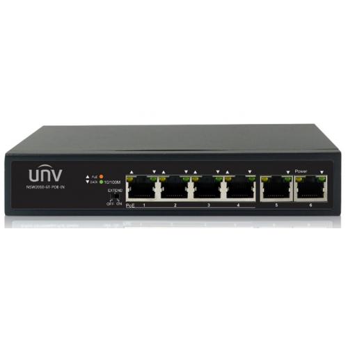  Uniview Коммутатор 6*100Mbps network ports (RJ45), including 4 PoE ports IEEE802.3,IEEE802.3u,IEEE802.3az,IEEE802.3x,IEEE802.3af,IEEE802.3at 1.2Gbps 0.90Mpps 768Kbit 2K 160mm x 93mm x 32mm (6.3"3.7"1.