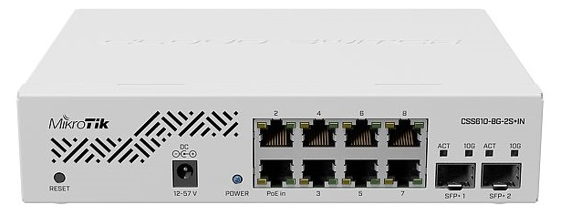 Коммутатор MikroTik Cloud Smart Switch 610-8G-2S+IN with 8 x Gigabit ports, 2 x SFP+ cages, SwOS, desktop case, PSU