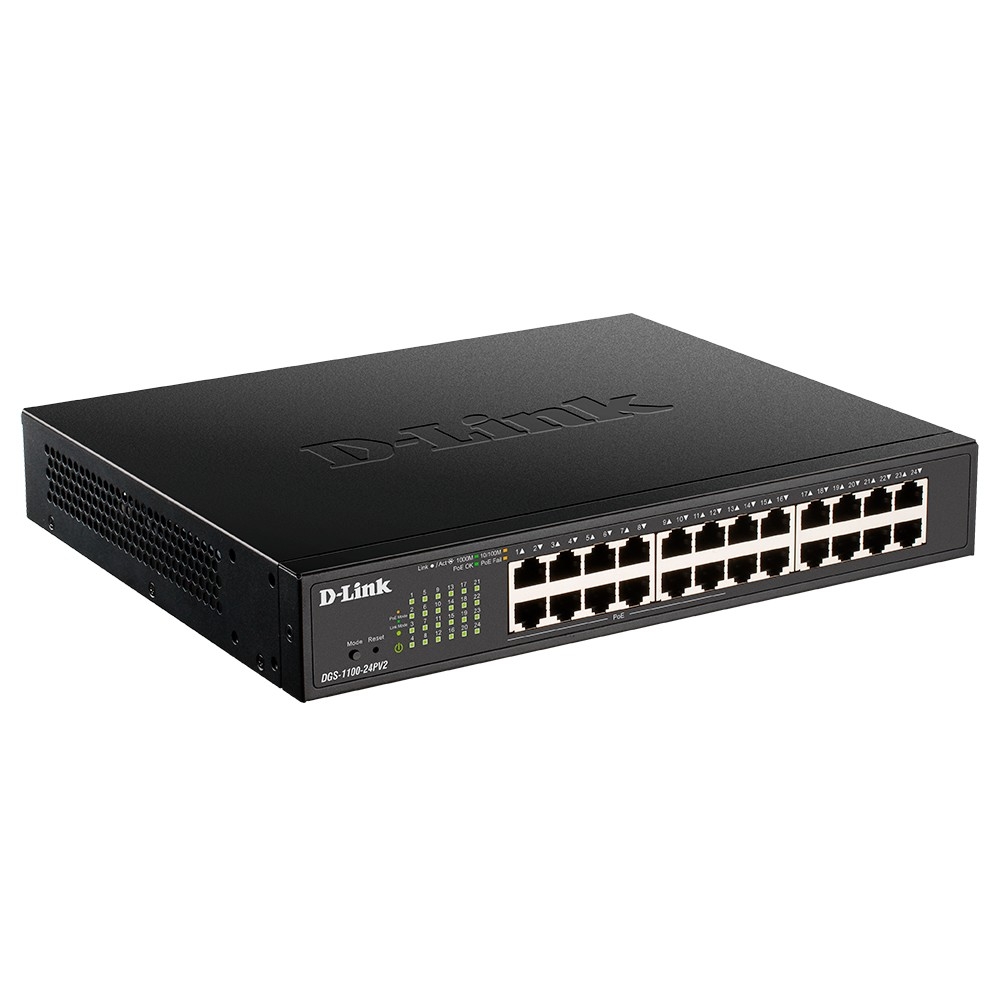 Коммутатор D-Link DGS-1100-24PV2/A3A, L2 Smart Switch with 24 10/100/1000Base-T ports (12 PoE ports 802.3af/802.3at (30 W), PoE Budget 100 W). 8K Mac address, 802.3x Flow Control, 802.3ad Link Aggregation, Po
