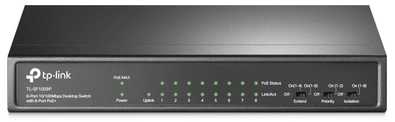  TP-Link 9-портовый 10/100 Мбит/с неуправляемый PoE коммутатор, 8 портов PoE+, IEEE 802.3af/at, бюджет PoE 65 Вт, стальной корпус, режим Extend Mode PoE до 250 метров