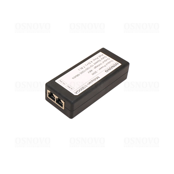 PoE-инжектор OSNOVO Midspan-1/300GA PoE-инжектор Gigabit Ethernet на 1 порт, мощностью до 30W. Совместим с оборудованием PoE IEEE 802.3af/at. Мощность PoE на порт - до 30W. Напряжение PoE - 48V(конт. 4,5(+), 7