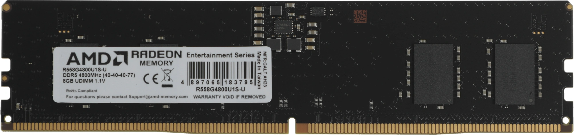 Модуль памяти 8GB AMD Radeon DDR5 4800 DIMM Entertainment Series Black Gaming Memory Non-ECC, CL40, 1.1V, RTL (R558G4800U1S-U) Модуль памяти 8GB AMD Radeon DDR5 4800 DIMM Entertainment Series Black Gaming Memory Non-ECC, CL40, 1.1V, RTL (R558G4800U1S-U)