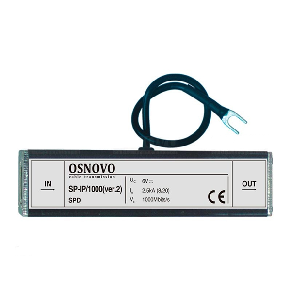 Устройство грозозащиты OSNOVO SP-IP/1000(ver.2) Устройство грозозащиты для локальной вычислительной сети (скорость до 1000 Мб/с), 1 вход (RJ45-мама), 1 выход (RJ45-мама). Максимальное рабочее напряжение 6V. Номинальный ток