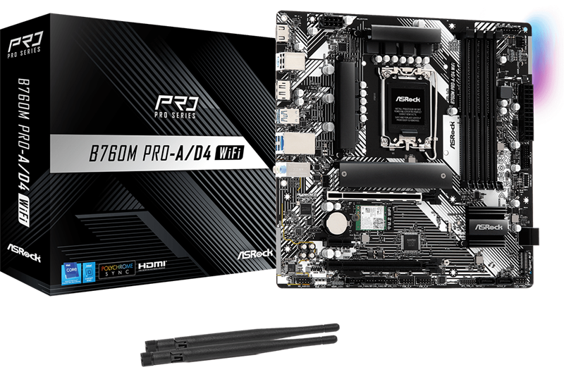 Материнская плата ASROCK B760M PRO-A/D4 WIFI, LGA1700, B760, 4*DDR4, 4*SATA, 2*M.2, 3*USB 3.2, 2*USB 2.0, Type-C, 2*PCIx16, 1*PCIx1, 1*M.2 (Key E), HDMI+DP, mATX