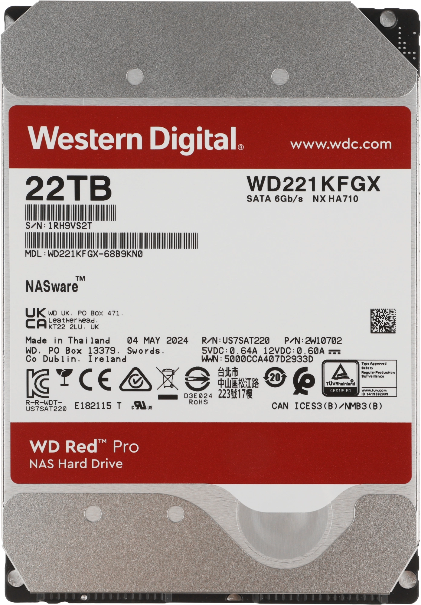 Жесткий диск WD 22TB 3.5" 7200 RPM, SATA 6 Gb/s, CMR, 512 MB Cache