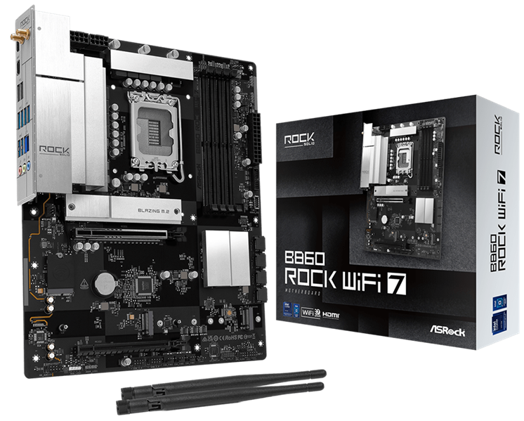 Материнская плата ASROCK B860 Rock WiFi 7, LGA1851, B860, 4*DDR5, 4*SATA, 4*M.2, 4*USB 3.2, 3*USB 2.0, Type-C, 2*PCIx16, 1*M.2 (Key E), HDMI, ATX Материнская плата ASROCK B860 Rock WiFi 7, LGA1851, B860, 4*DDR5, 4*SATA, 4*M.2, 4*USB 3.2, 3*USB 2.0, Type-C, 2*PCIx16, 1*M.2 (Key E), HDMI, ATX